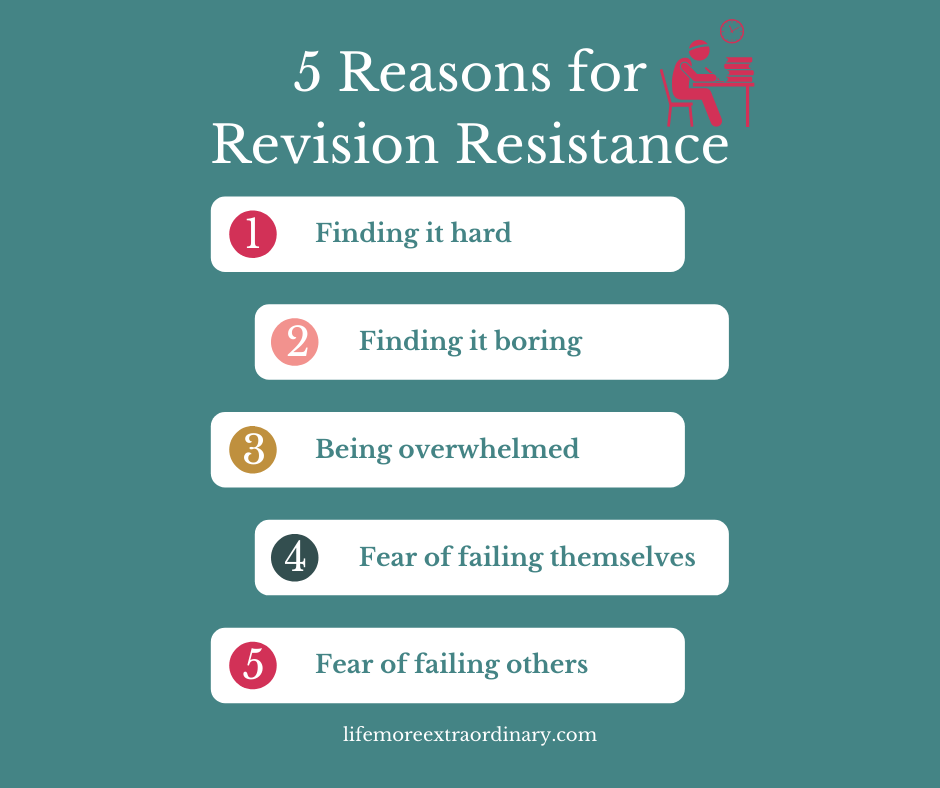 5 Reasons for Revision Resistance: Finding it hard, finding it boring, being overwhelmed, fear of failing themselves, fear of failing others
